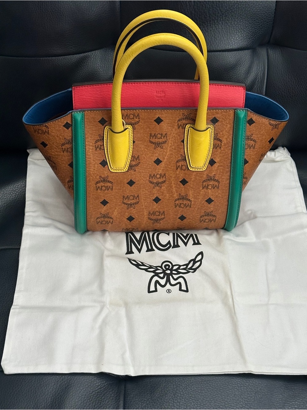 MCM Cognac Visetos Tote with Yellow Handles & Green Trim - Picture 2 of 5